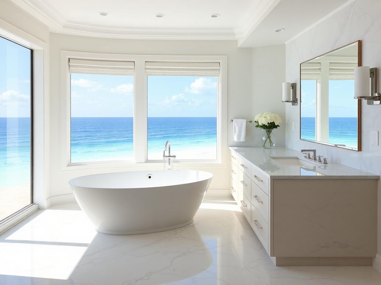 Pristine marble bathroom with Gulf view